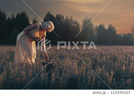 Beautiful blond woman in white long dress in the meadow in summer and picking flowers at beautiful sunset, selective focus. 124204101