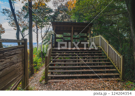 磐田市にある秋の桶ヶ谷沼の紅葉と観察小屋の風景(静岡県) 124204354