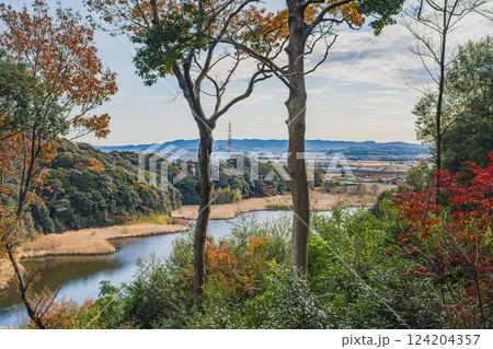 磐田市にある秋の桶ヶ谷沼の紅葉の風景(静岡県) 磐田市にある秋の桶ヶ谷沼の紅葉の風景(静岡県) 124204357