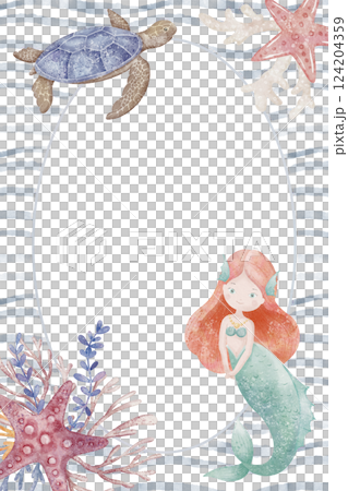 Watercolor Template with Mermaid, turtle, coral, and marine elements. Illustration of Frame for baby invitations, greeting cards, or childish backgrounds. Cute ocean themed frame for kids. 124204359