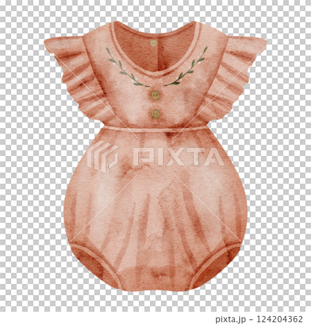 Watercolor illustration of a pink or red Baby Bodysuit with ruffled sleeves and embroidered details for little girl. Drawing of childish Romper for newborn party invitations or childish greeting cards 124204362