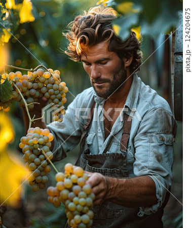 Harvesting grapes in a vineyard during golden hour with a focused farmer Harvesting grapes in a vineyard during golden hour with a focused farmer 124204675