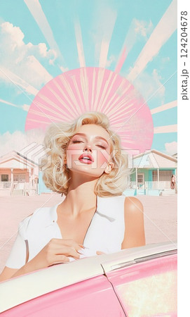 Model poses glamorously in pastel setting during bright sunny day, capturing vintage essence and modern style Model poses glamorously in pastel setting during bright sunny day, capturing vintage essence and modern style 124204678