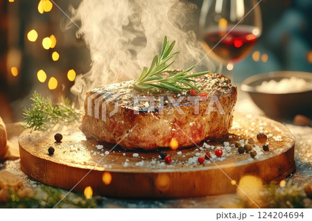 Juicy steak garnished with fresh herbs on wooden platter with wine in cozy restaurant setting during evening 124204694