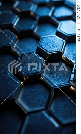 Hexagonal tiles arranged in a geometric pattern showcasing a textured surface and dramatic lighting 124204704