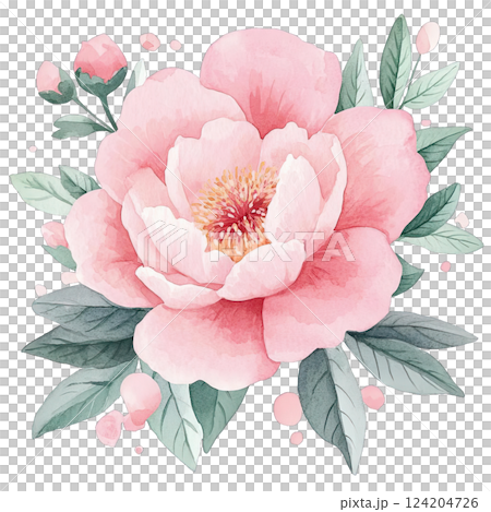 Beautiful pink peony flower illustration surrounded by green leaves and buds in a soft artistic style 124204726