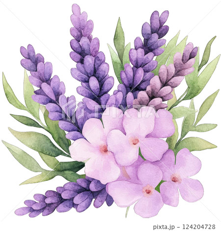 Lavender and pink flowers arranged with green leaves in a delicate watercolor style, perfect for spring decor or floral design inspiration Lavender and pink flowers arranged with green leaves in a delicate watercolor style, perfect for spring decor or floral design inspiration 124204728