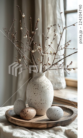 Decorative vase with branches and speckled eggs on a wooden tray in a softly lit room Decorative vase with branches and speckled eggs on a wooden tray in a softly lit room 124204740