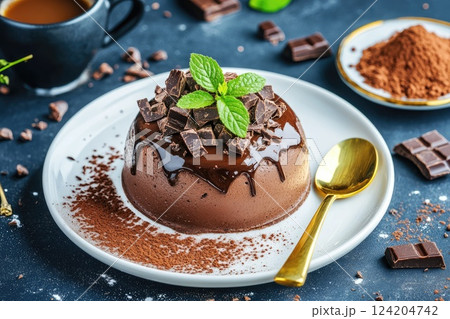 Delicious chocolate dessert served with mint garnish on a stylish table Delicious chocolate dessert served with mint garnish on a stylish table 124204742