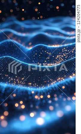 Visual representation of abstract waves with glowing particles in blue color scheme under dim light 124204775
