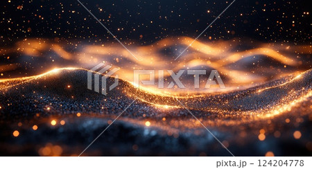 Glowing particles create mesmerizing landscape of sparkling hills in a darkened setting 124204778