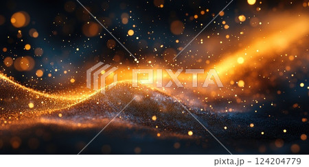 Abstract golden and blue particles creating a shimmering wave effect in a dark background at night 124204779