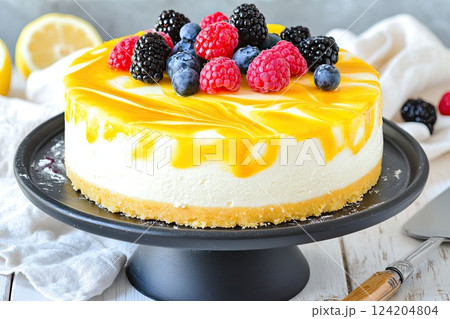 Delicious cheesecake topped with assorted berries and a mango glaze on a black serving plate Delicious cheesecake topped with assorted berries and a mango glaze on a black serving plate 124204804