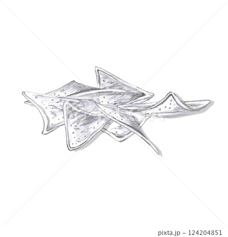 A pile of triangle chips. Isolated pencil illustration of snack in realistic style for restaurant menu design, beer festival, packaging, bar interior 124204851