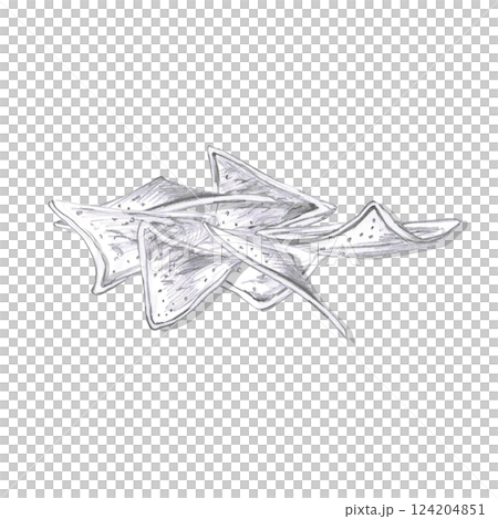 A pile of triangle chips. Isolated pencil illustration of snack in realistic style for restaurant menu design, beer festival, packaging, bar interior 124204851