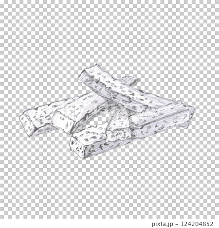 A pile of crackers, croutons. Isolated pencil illustration of a snack in a realistic style for the design of a restaurant menu, beer festival, packaging, bar interior. A pile of crackers, croutons. Isolated pencil illustration of a snack in a realistic style for the design of a restaurant menu, beer festival, packaging, bar interior. 124204852