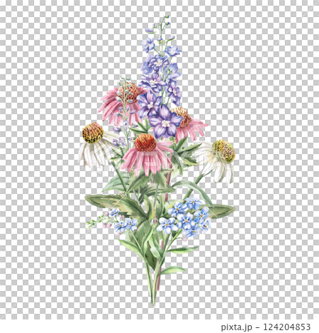 Bouquet of delphinium, echinacea, forget-me-nots. Isolated watercolor illustration of flowers in a realistic style for holiday decoration, textile printing, gardening blog design. 124204853