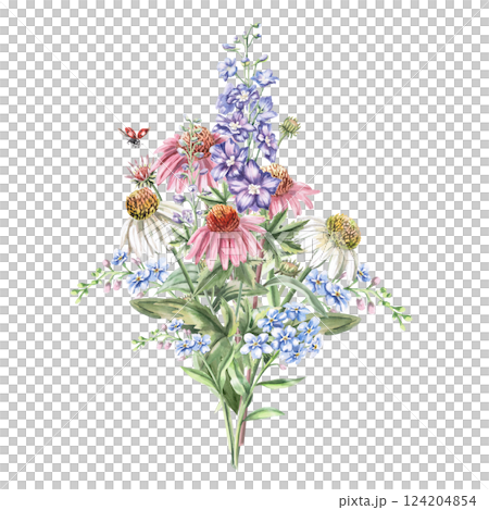 Bouquet of delphinium, echinacea, forget-me-nots, buds and ladybird. Isolated watercolor illustration of flowers for holiday decoration, textile printing, gardening blog design. 124204854