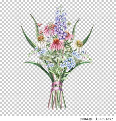 Bouquet of echinacea, forget-me-nots, delphinium, tied with satin pink ribbon. Isolated watercolor illustration of flowers for textile design, printing on fabric , posters, decorative elements. 124204857