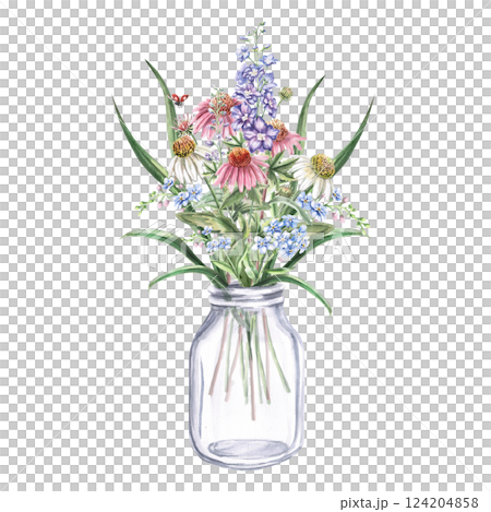 Bouquet of echinacea, forget-me-nots, delphinium in a transparent jar. Isolated watercolor illustration of flowers for textile design, printing on fabric and clothes, posters, decorative elements. Bouquet of echinacea, forget-me-nots, delphinium in a transparent jar. Isolated watercolor illustration of flowers for textile design, printing on fabric and clothes, posters, decorative elements. 124204858
