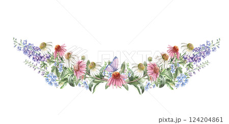 Central composition of curved flowers of echinacea, delphinium, forget-me-nots, butterfly. Isolated watercolor illustration of flowers for textile design, printing on fabric, clothes, posters. 124204861