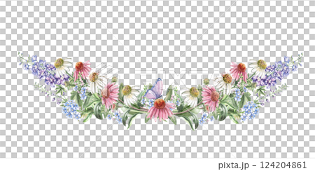 Central composition of curved flowers of echinacea, delphinium, forget-me-nots, butterfly. Isolated watercolor illustration of flowers for textile design, printing on fabric, clothes, posters. 124204861