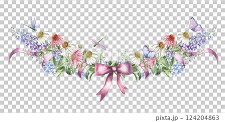 Central composition with a flowers of echinacea, delphinium,forget-me-nots,dragonflies, butterflies. Isolated watercolor illustration of flowers for textile design, printing on fabric and clothes. 124204863