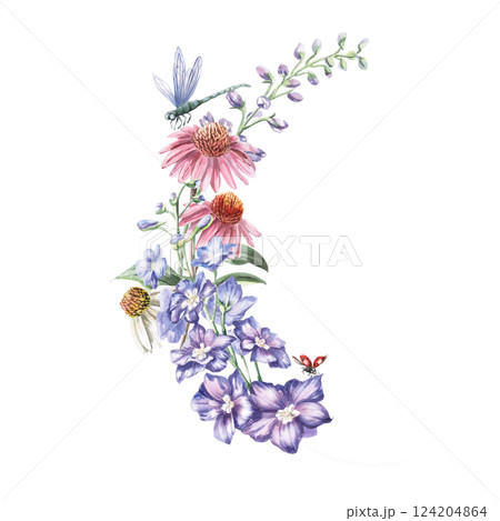 Curved composition of flowers echinacea, delphinium and dragonflies with ladybug. Isolated watercolor illustration of flowers for textile design, printing on fabric, posters, decorative elements. 124204864