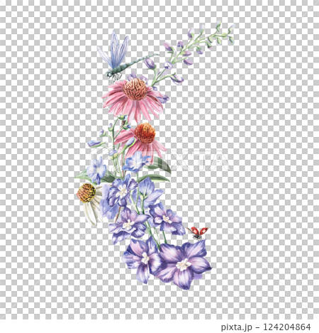Curved composition of flowers echinacea, delphinium and dragonflies with ladybug. Isolated watercolor illustration of flowers for textile design, printing on fabric, posters, decorative elements. 124204864