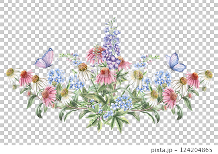 Central curved composition of flowers echinacea, forget-me-nots, delphinium and butterflies. Isolated watercolor illustration of flowers for textile design, printing on fabric and clothes, posters. 124204865