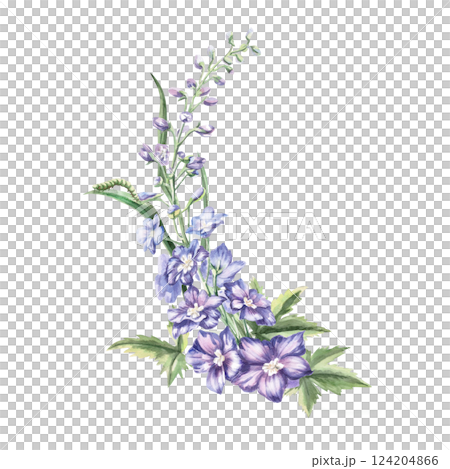 Curved composition with dilphinium flowers, caterpillar. Isolated watercolor illustration of flowers in realistic style for textile design, printing on fabric and clothes, posters. 124204866