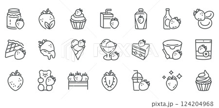 Strawberry Products Vector Icons Set. Jam, Juice, Yogurt, Sauce, Ice Cream, Fresh Berries, Organic Food, Farming, Packaged Goods, Dried Snacks, Smoothie, Sweet Desserts, Strawberry Flavoured Sweets 124204968