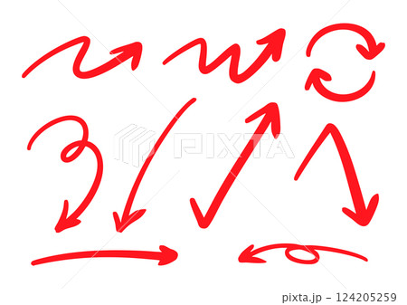 シンプルなペンの手書きの矢印セット ベクター 赤 シンプルなペンの手書きの矢印セット ベクター 赤 124205259