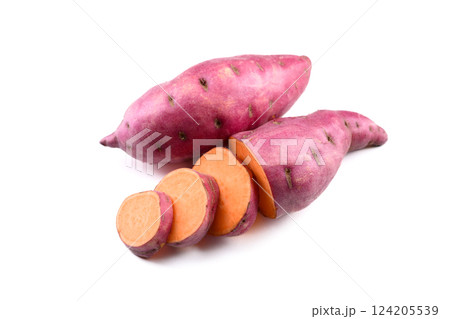 Whole and sliced pink sweet potatoes isolated on white 124205539