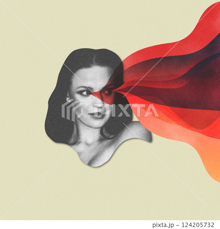 Abstract Portrait with Flowing Red Fabric 124205732