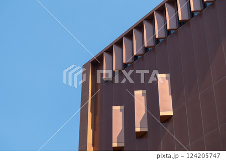 A modern building facade featuring a geometric pattern of vertical and diagonal metal fins, and glass windows 124205747