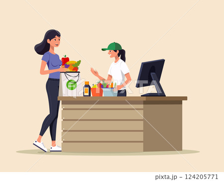 Vector illustration of a customer and cashier interaction at checkout Vector illustration of a customer and cashier interaction at checkout 124205771