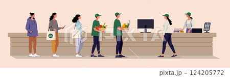 Vector illustration of a supermarket checkout line with customers and cashier 124205772