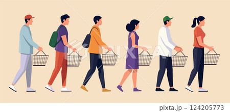 Vector illustration of diverse supermarket shoppers carrying baskets 124205773