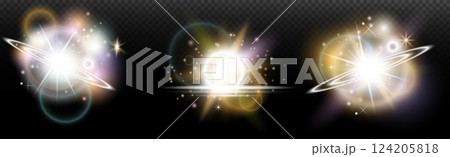 set of glowing neon stars and light effects 124205818