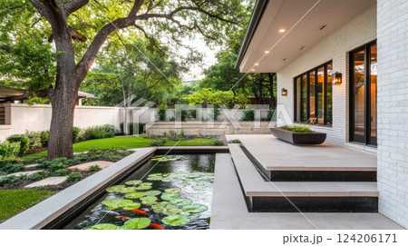 Elegant outdoor fish pond integrated into a modern architectural landscape, featuring floating lily pads, koi fish, and soft underwater lighting, creating a serene and stylish ambiance. 124206171