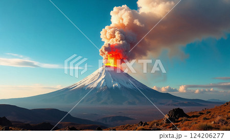 Volcano eruption. Scenic view of an active volcano from distance 124206277