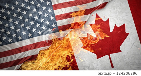 Burning US and Canadian Flags Depicting Conflict or Heated Political Issues 124206296