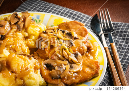 Pieces of pork stewed with mushrooms. Pieces of pork stewed with mushrooms. 124206364
