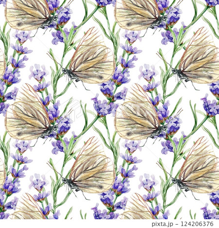 Lavender flower sprigs and butterflies, seamless pattern. Hand drawn watercolor illustration isolated on white. For textile, covers, fabric, wrapping paper, wallpaper. 124206376