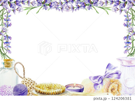 Lavender SPA frame. With flower branches, towel, candle, massage brush, bath salt. Hand drawn watercolor illustration isolated on white. For greeting cards, invitations, labels, certificates. Lavender SPA frame. With flower branches, towel, candle, massage brush, bath salt. Hand drawn watercolor illustration isolated on white. For greeting cards, invitations, labels, certificates. 124206381