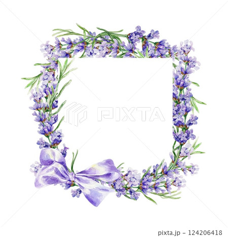 Lavender frame, square. Sprigs of purple flowers with satin bow. Hand drawn watercolor illustration isolated on white. For greeting cards, wedding invitations, labels, posters. 124206418