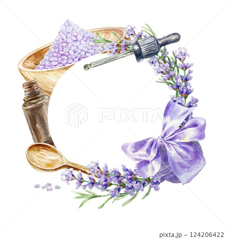 Lavender round frame for spa salons. Bath salt, sprigs of flowers, bottle with oil, pipette. Hand drawn watercolor illustration isolated. For greeting cards, invitations, certificates, labels, banners 124206422