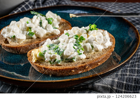 Slices of bread with cottage cheese and green onion. Slices of bread with cottage cheese and green onion. 124206623
