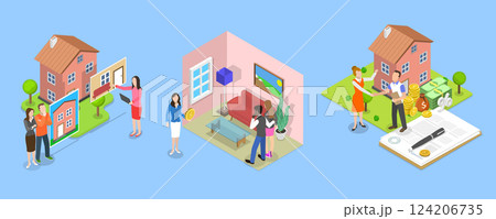 3D Isometric Flat Vector Illustration of Real Estate Agency Service, Property Buying 124206735
